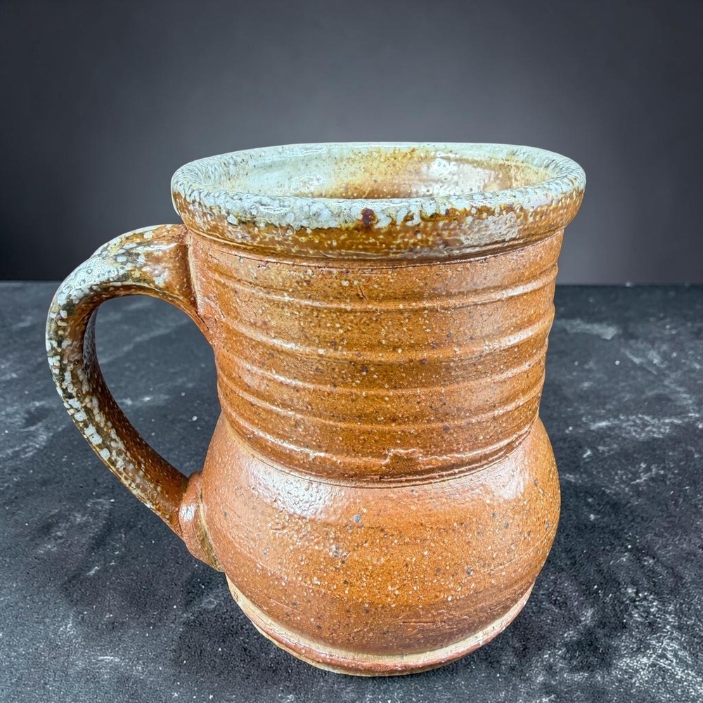 Studio Pottery Handcrafted Salt Glaze Stoneware Mug Brown Ribbed Signed 4in